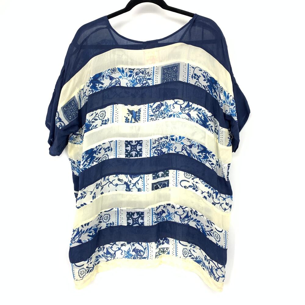 Johnny Was Top Womens L Blue Ivory Mixed Print Patchwork Stripe Oversized - Picture 2 of 6